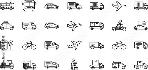 Transportation and Delivery Line Icon Set with Bus, Car, Cargo Truck, Airplane, Bicycle, Courier Van and Logistics Shipping Service Symbols