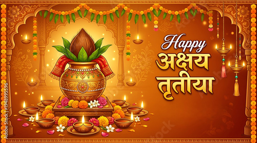 Happy Akshaya Tritiya Festival Vector Background Design Template, Writing Hindi Akshaya Tritiya In Hindi Text, Indian Traditional Festival Akshaya Tritiya Background Template