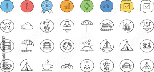 Travel and Vacation Line Icon Set with Camping, Beach, Cruise, Airplane and Tourism Symbols for Holiday Planning and Adventure Design