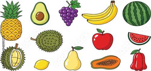 Tropical and Fresh Fruit Collection Vector Illustration Featuring Pineapple, Avocado, Grapes, Banana, Watermelon, Apple, Durian, Lemon, Pear, Papaya, and Rose Apple