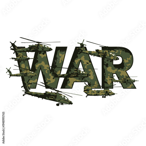 Camo word War with military green helicopters isolated on white background