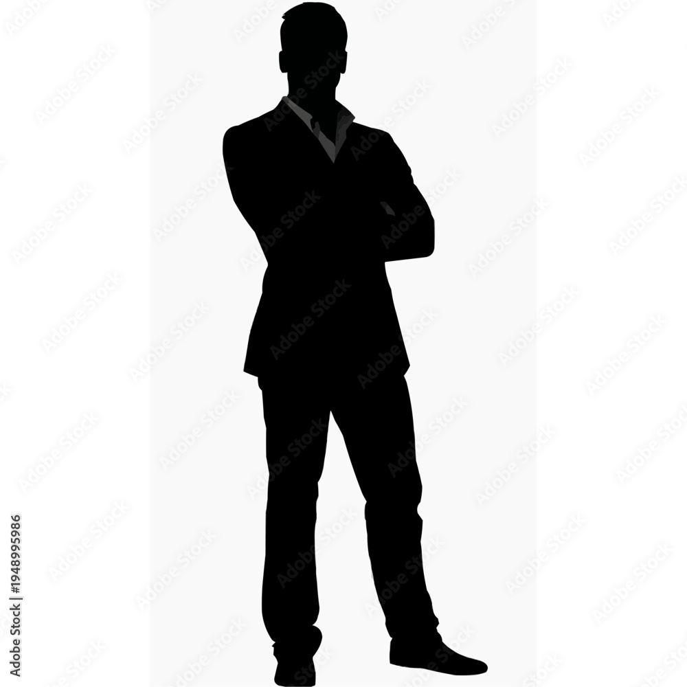 Fototapeta premium Silhouette of Confident Leader Character standing with Arms Crossed, Strong Dominant Pose, Minimalist Flat Vector
