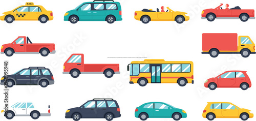 Urban Transportation Vehicle Set with Taxi, Bus, Pickup Truck, Delivery Van, Convertible Car and SUV for City Traffic and Public Transport Illustration