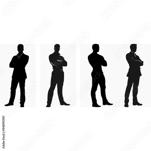 Silhouette of Confident Leader Character standing with Arms Crossed, Strong Dominant Pose, Minimalist Flat Vector