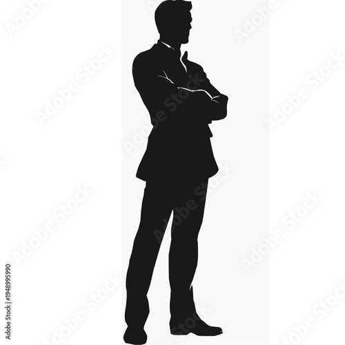 Silhouette of Confident Leader Character standing with Arms Crossed, Strong Dominant Pose, Minimalist Flat Vector
