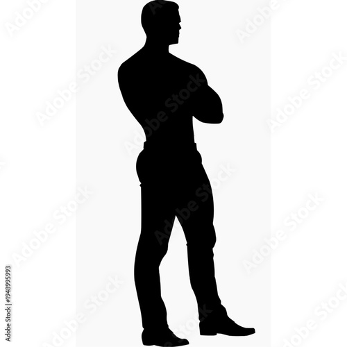 Silhouette of Confident Leader Character standing with Arms Crossed, Strong Dominant Pose, Minimalist Flat Vector