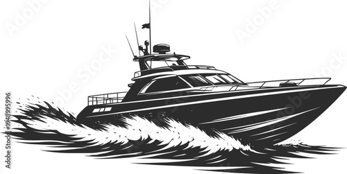 Luxury Speed Yacht Illustration, Fast Motorboat Ocean Wave Vector Art.