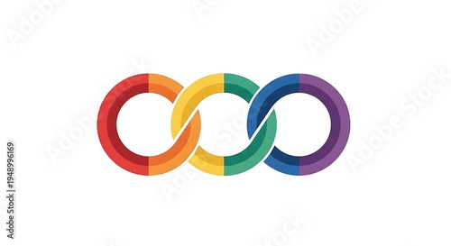 A vibrant graphic illustration featuring three interlocked rings in a horizontal chain formation