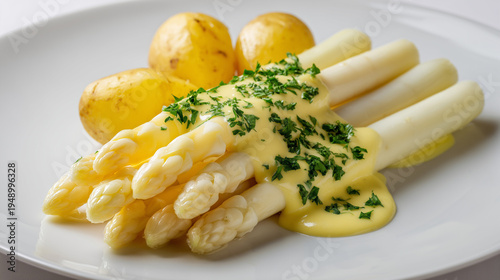 Frischer weißer Spargel mit Sauce Hollandaise und Petersilie, serviert mit jungen Kartoffeln – klassisches deutsches Frühlingsgericht