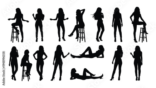 Collection of diverse female silhouettes in various poses and activities on white background for graphic design and artistic projects