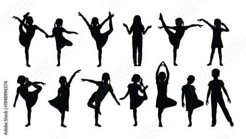 Collection of black silhouette dancer illustrations in various poses and dance styles on white background