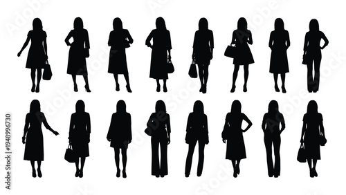 Collection of diverse female silhouettes in various poses and attire on white background for graphic design and illustration