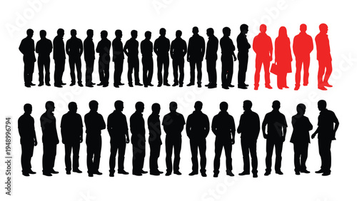 A group of people silhouettes standing in two rows with three individuals highlighted in red standing out from the crowd