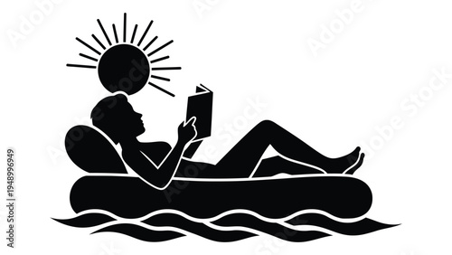 Relaxing summer scene of a person floating on an inflatable raft in the water, reading a book under the warm sun