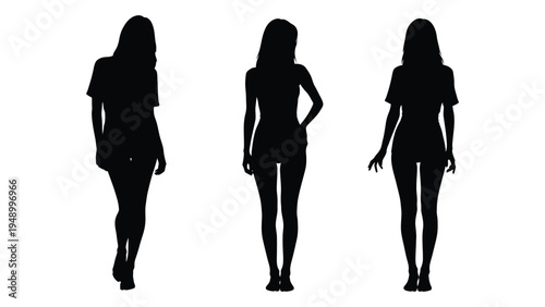 Silhouette of three women walking in different poses on white background for fashion and design illustration