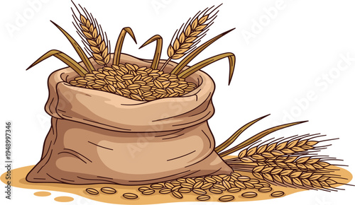 Wheat Grains in Burlap Sack with Golden Wheat Ears Vector Illustration for Agriculture, Harvest, Organic Farming, Bakery Ingredients and Natural Food Design
