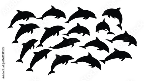 A pod of dolphins swimming together in harmony, black silhouettes on white background, marine life, ocean creatures, school of dolphins