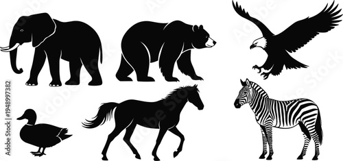 Wild Animal Silhouette Set with Elephant Bear Eagle Horse Zebra and Duck Isolated on White Background for Logo Design, Wildlife Illustration, and Graphic Projects