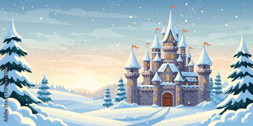 Winter Fairy Tale Castle Landscape with Snow Covered Towers, Pine Trees, and Magical Kingdom Scene in Beautiful Frozen Fantasy Setting