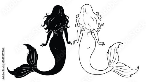 Mermaid silhouette illustration: a stunning black and white artwork of two mythical creatures