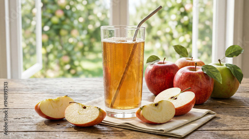 Fresh Apple Juice with Whole and Sliced Apples
