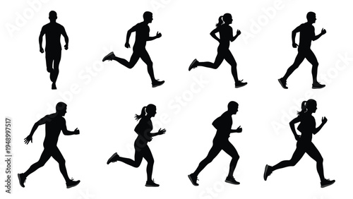 Collection of diverse runners in various poses and running styles on a white background for fitness and sports illustrations