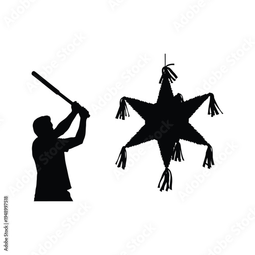 Man hitting star shaped piñata with baseball bat vector illustration, festive game
