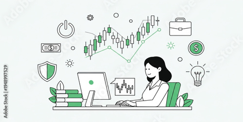 Woman Analyzing Stock Market Data and Financial Charts on Computer with Investment Growth Trading Analytics and Business Strategy Concept Illustration