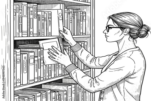 Woman Choosing Book from Library Bookshelf Hand Drawn Vector Illustration Showing Female Reader Studying, Learning and Searching Literature in Educational Library Environment