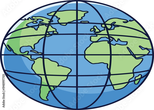 World Map Globe Illustration with Latitude and Longitude Lines Showing Global Geography, Earth Planet Icon for Education, Travel, and International Concept