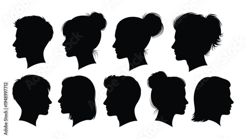 Collection of eight black silhouette profiles of women with various hairstyles and hairdos facing right