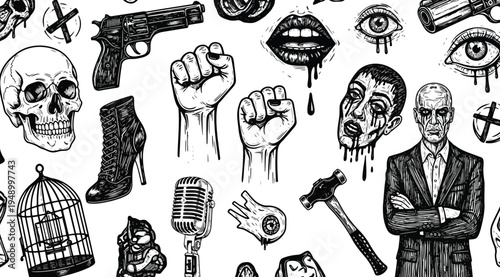 A black and white illustration of various creepy objects and body parts including skulls guns and microphones isolated on white background