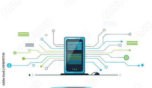 Smartphone with digital circuit connections mobile technology data network concept modern flat vector illustration
