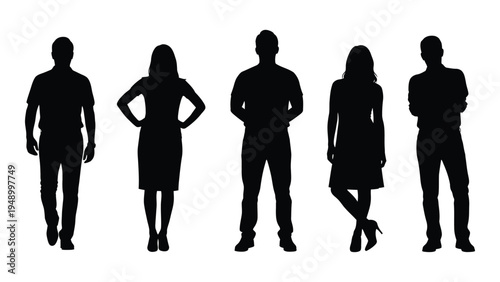 Silhouette of five people standing in a row on white background with various poses and attire