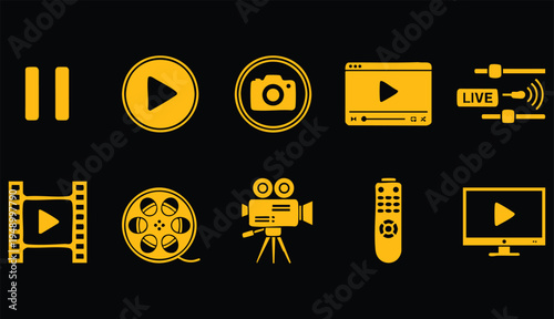 Video player icon set. Containing play or start button, pause or stop, media, camera, live, cinema, multimedia, film, handycam, clapperboard, movie, streaming or online video.