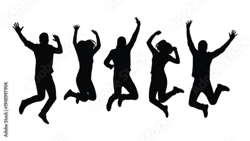 Dynamic silhouette of five people jumping in different poses on white background with arms raised in joy and freedom