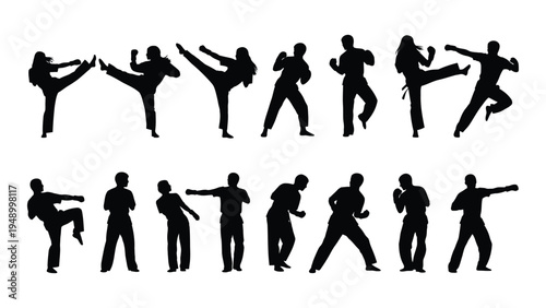 Martial arts silhouette illustrations of various kicking and punching stances and poses for training and exercise