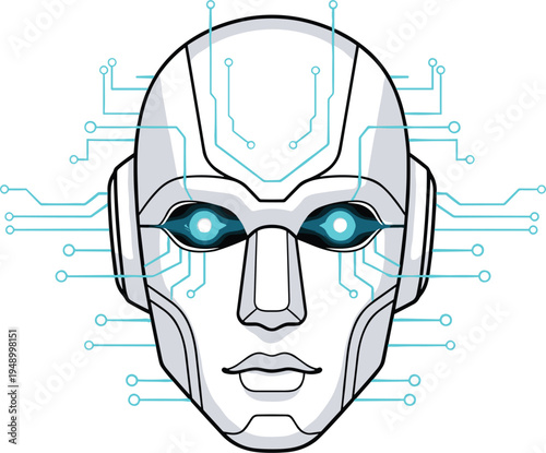 Futuristic artificial intelligence robot face with glowing eyes and circuit connections technology concept flat vector illustration