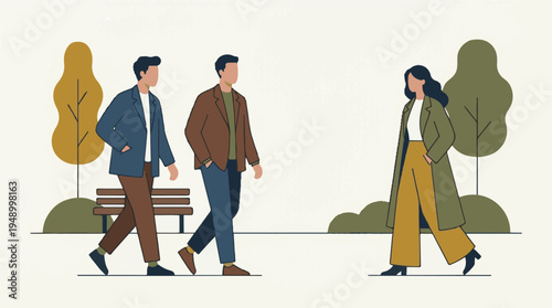 Stylized people walking in a park, minimalist vector illustration