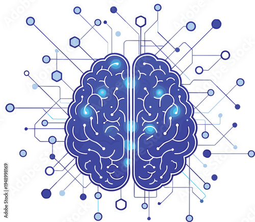 Artificial intelligence digital brain with neural network connections data technology concept modern flat vector illustration