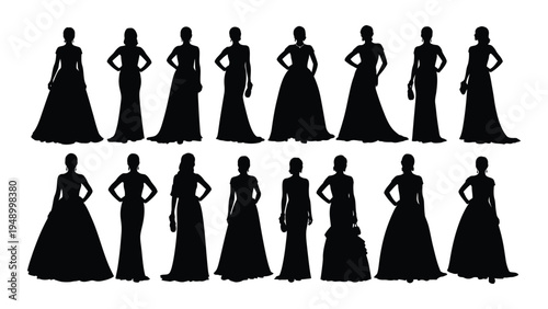 Collection of elegant female silhouettes in various formal dresses and poses