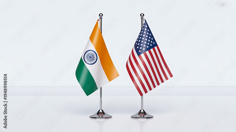 Fototapeta premium India and united states national flags on desk representing international partnership
