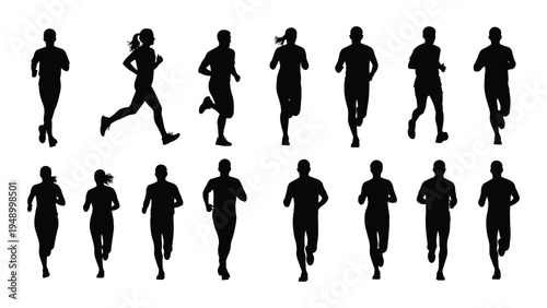 Collection of diverse black silhouettes of people running in different poses and styles on white background for fitness and sports illustrations
