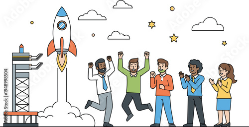 Startup team celebrating rocket launch success innovation growth and business achievement concept flat vector illustration