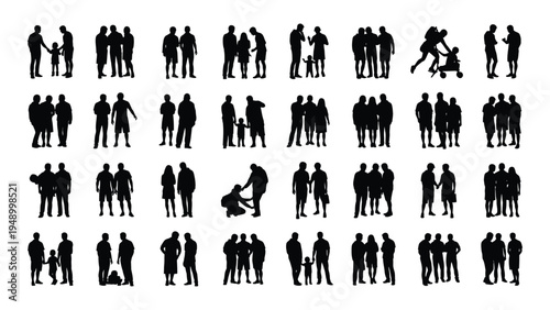 Collection of diverse human silhouettes in various poses and activities