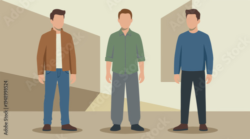 Three anonymous men in diverse casual fashion standing, vector illustration