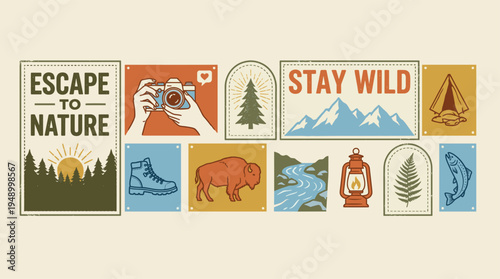 Camping items adventure symbols and forest mountain scenes, arranged in a collection for travel and outdoor recreation with nature elements