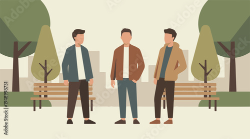 Three men standing casually in a park with trees and benches, flat design
