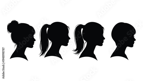 Silhouette of four women with different hairstyles in profile view