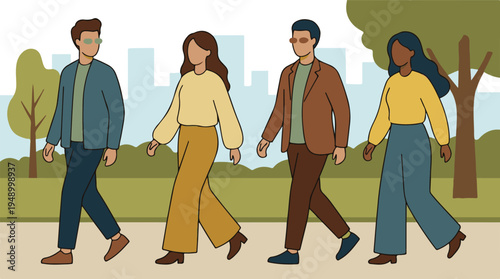 Diverse men and women walking outdoors in an urban park illustration